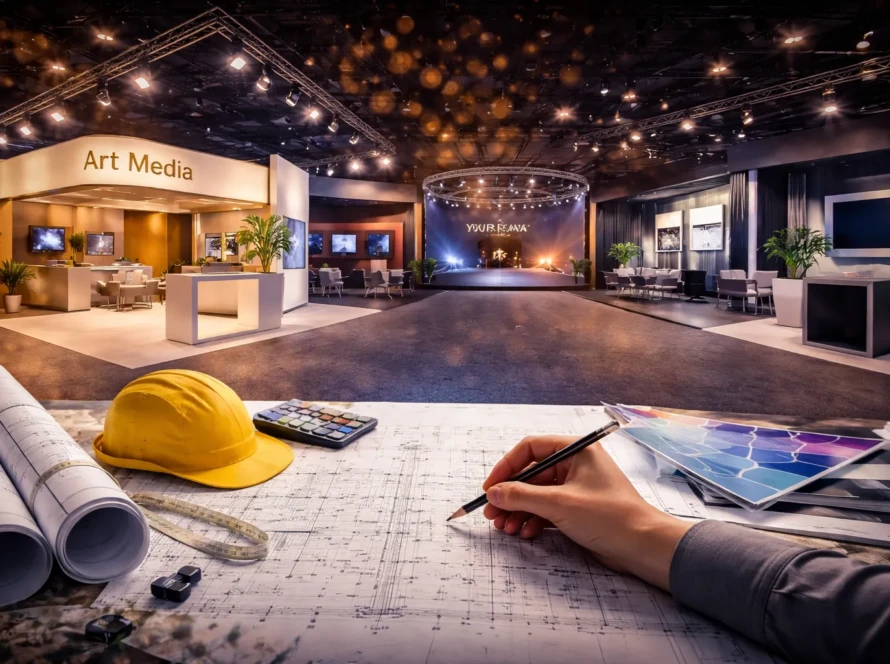 تنفيذ جناح معرض مع تصميم مسرح ومخططات هندسية